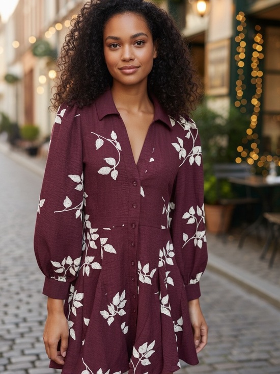 Taelynn Dresses & Skirts - Women’s Mini Shirt Dress in Burgundy with White Floral Print